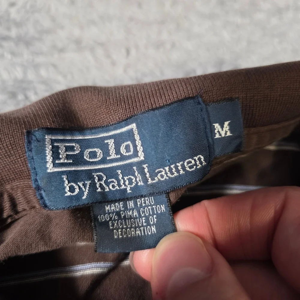 Polo Ralph Lauren Mens M Polo Shirt Brown Striped Pima Cotton Short Sleeve Pony